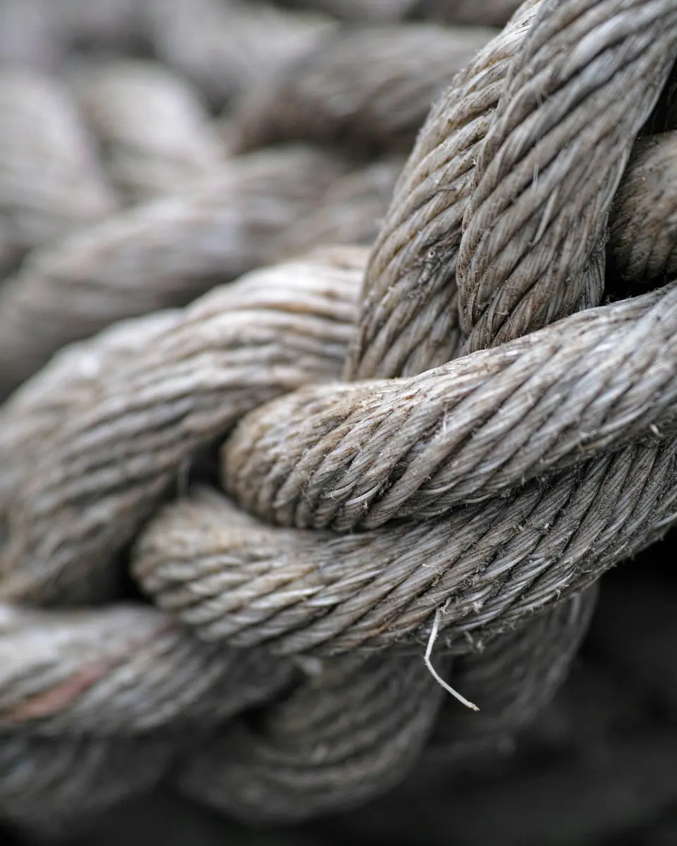 Gros plan sur un nœud serré dans une grosse corde de fibre naturelle