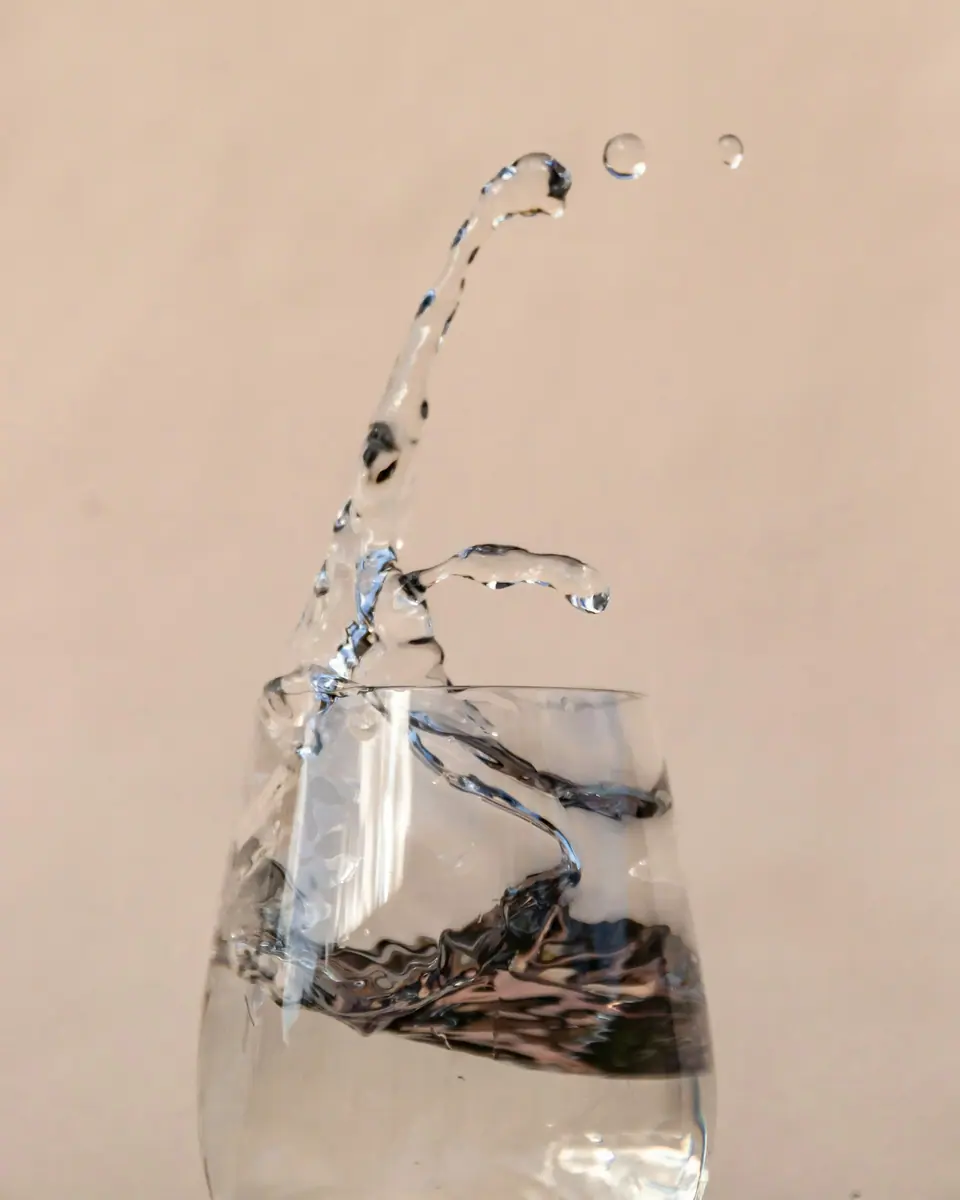 Un verre plein dont l'eau jaillit et déborde, sur un fond beige